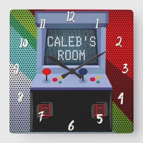 Arcade Video Game Joystick Personalized Bedroom Square Wall Clock