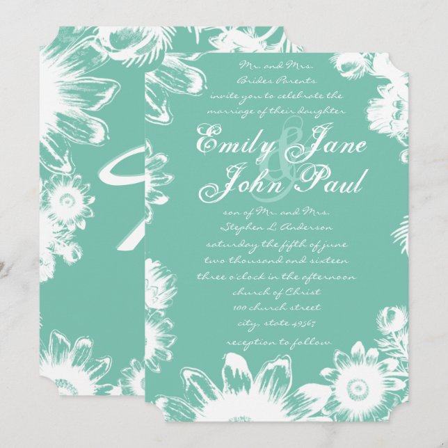 Arcadia Mint Vintage Floral Wedding Invitations (Front/Back)