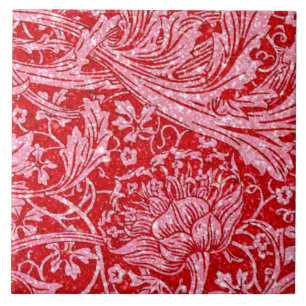 Arcadia, vintage, soft glitter red and white ceramic tile