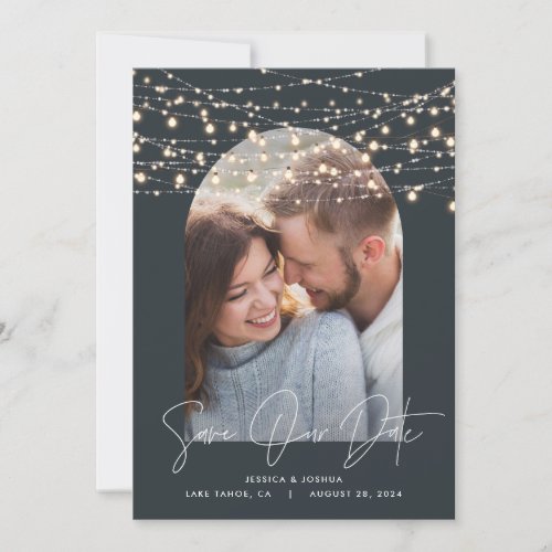 Arch 1 photo string light script modern wedding save the date