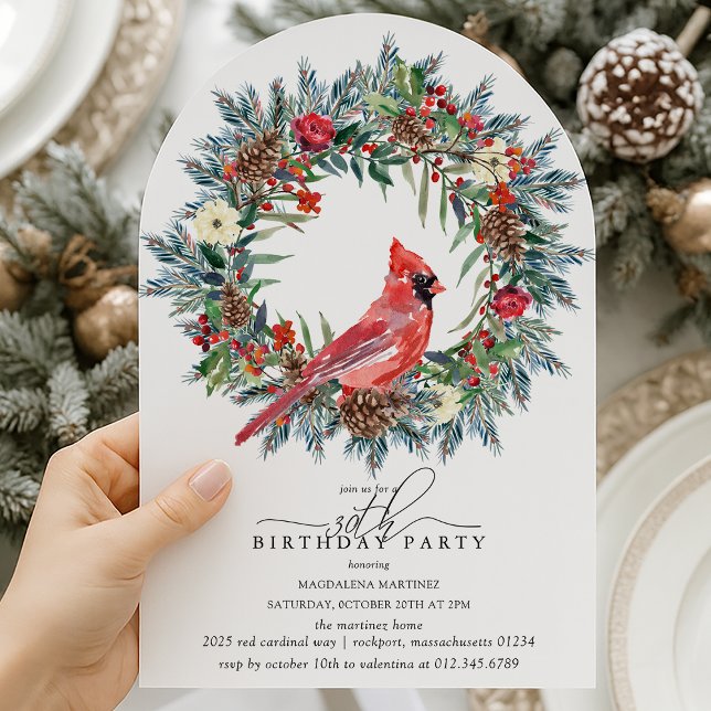 ARCH 30th Birthday Party Red Cardinal Wreath Invitation (Creator Uploaded)