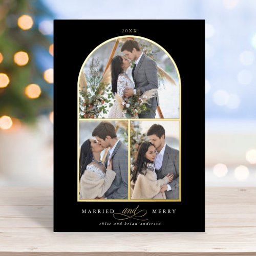 Arch 3 Photo Married and Merry Foil Holiday Card