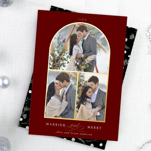 Arch 3 Photo Married and Merry Foil Holiday Card 