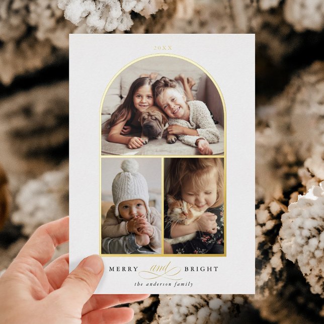Arch 3 Photo Merry & Bright Gold Foil Holiday Card (Creator Uploaded)