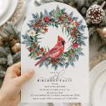 ARCH 90th Birthday Party Red Cardinal Wreath Invitation<br><div class="desc">Arch-shaped invitations are one of the hottest trends in event planning. Fresh and novel, it will capture your guests' attention. An elegant red cardinal nestled in a winter greenery wreath invites guests to your winter or Christmas birthday party. The watercolor design features a beautiful cardinal and a pine wreath decorated...</div>
