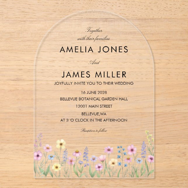 Arch Acrylic simple Colorful Wildflower Wedding  Invitations (Front)