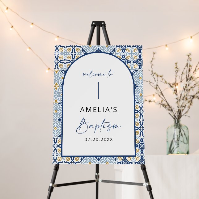 Arch Amalfi Blue Tile Baptism Welcome Sign (In Situ (Stand))