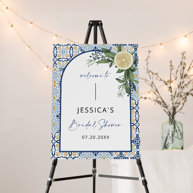 Arch Amalfi Italian Blue Tile Bridal Shower Sign (In Situ (Stand))