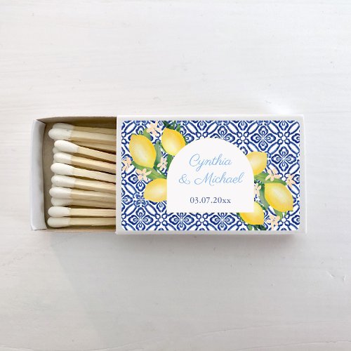 Arch Amalfi Lemons Blue And White Tiles Wedding Matchboxes