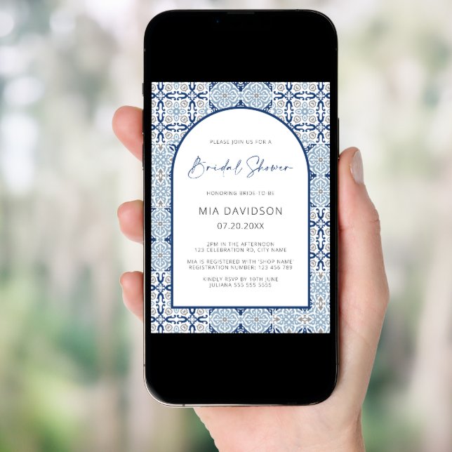 Arch Amalfi Tile Blue & Gray Bridal Shower  Invitation (Front Digital)