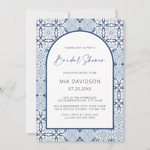 Arch Amalfi Tile Blue  Gray Bridal Shower  Invitation