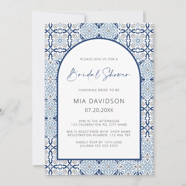 Arch Amalfi Tile Blue & Gray Bridal Shower  Invitation (Front)