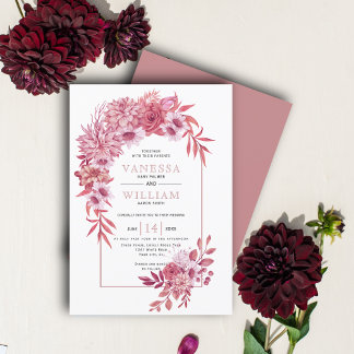 Arch and dusty rose pink flowers, leaves wedding invitation