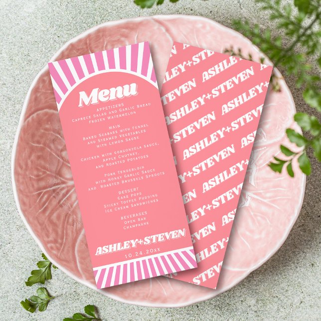 Arch and sunrays pink groovy wedding menu card (Creator Uploaded)