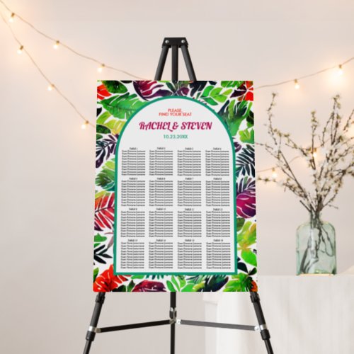 Arch and tropical leaves maximalist seating chart foam board