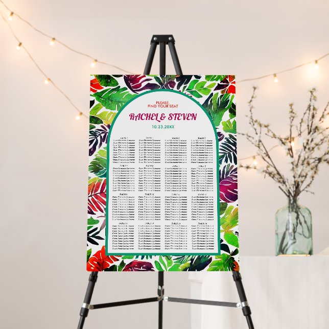 Arch and tropical leaves maximalist seating chart foam board (In Situ (Stand))