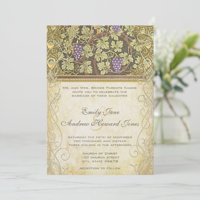 Arch Art Nouveau Peacock Birds Wedding Invitation (Standing Front)