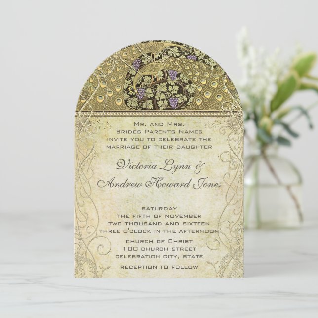 Arch Art Nouveau Peacock Birds Wedding Invitation (Standing Front)