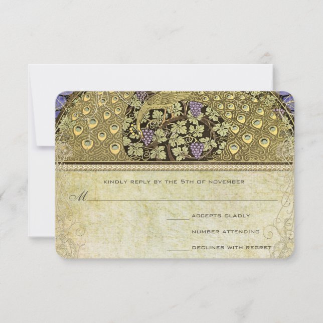 Arch Art Nouveau Peacock Birds Wedding RSVP Card (Front)