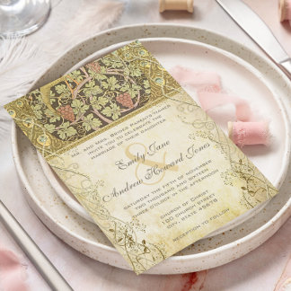 Arch Art Nouveau Peacock Cranberry Dust Wedding Invitation