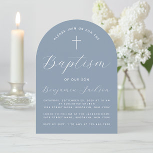 Arch Baptism Dusty Blue Modern Boy Christening Invitation
