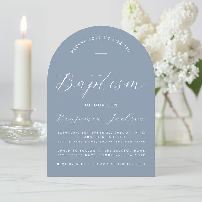 Arch Baptism Dusty Blue Modern Boy Christening Invitation (Creator Uploaded)