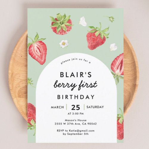 Arch Berry First Birthday Strawberry Theme Invitation