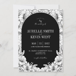 Arch Black White Floral Rustic Monogram Wedding Invitation