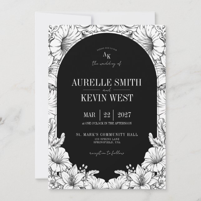 Arch Black White Floral Rustic Monogram Wedding  Invitation (Front)