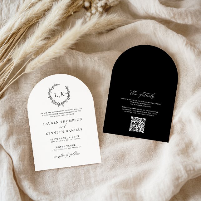 Arch Black White Monogram QR Code Classic Wedding Invitation (Creator Uploaded)