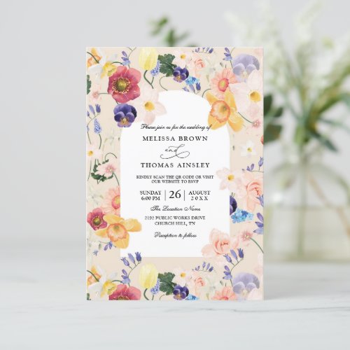 Arch Bloom Pastel Elegant Budget QR Code Wedding  Invitation