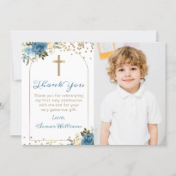 Arch Blue Floral First Holy Communion Photo Thank You Card | Zazzle