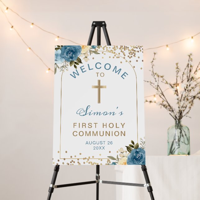 Arch Blue Gold Floral First Holy Communion Foam Board (In Situ (Stand))