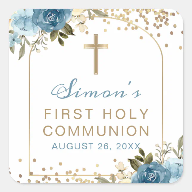 Arch Blue Gold Floral First Holy Communion Square Sticker | Zazzle