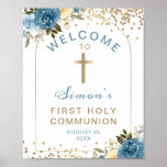 Arch Blue Gold Floral First Holy Communion Welcome Poster at Zazzle