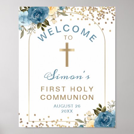 Arch Blue Gold Floral First Holy Communion Welcome Poster