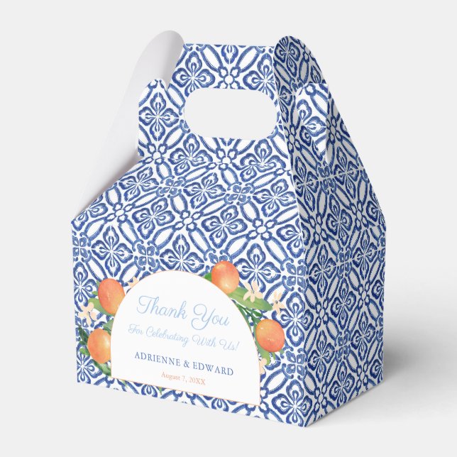 Arch Blue Tiles Oranges Mediterranean Wedding Favor Boxes (Front Side)
