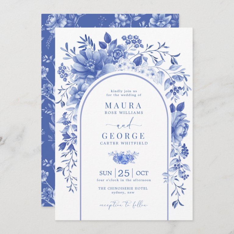 Arch Blue White Chinoiserie Flowers Wedding                    Invitation