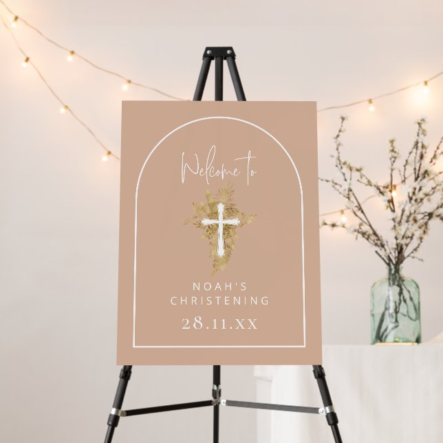 Arch Blush Pink & Gold Cross Christening Welcome Foam Board (In Situ (Stand))