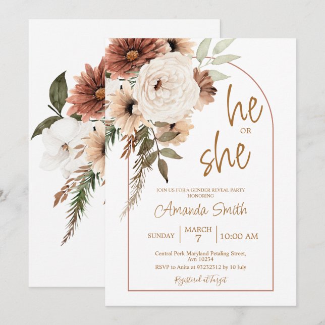 Arch Boho Floral Gender Reveal He or She  Invitation (Front/Back)