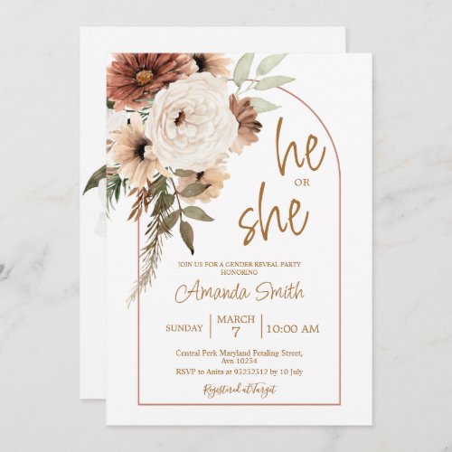 Arch Boho Floral Gender Reveal He or She  Invitation