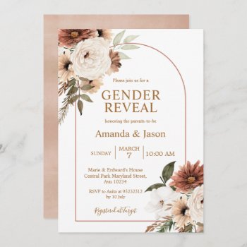 Arch Boho Floral Gender Reveal Invitation by HappyPartyStudio at Zazzle
