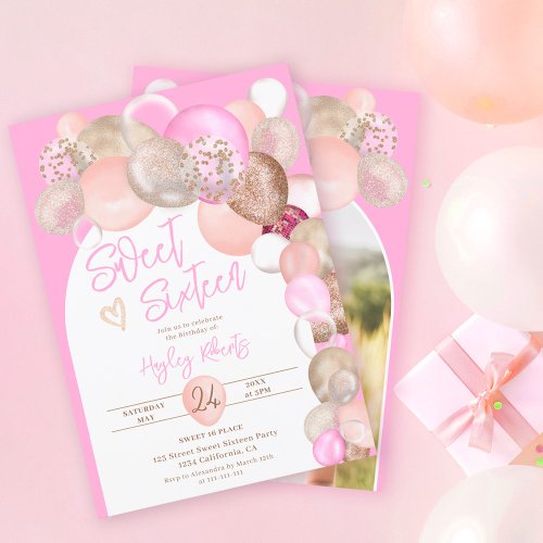 Arch Boho glitter balloons pink purple Sweet 16 Invitation