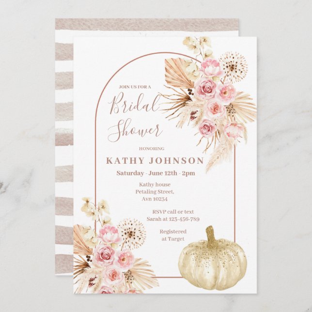 Arch Boho Pampas Grass and Pumpkin Bridal Shower  Invitation (Front/Back)