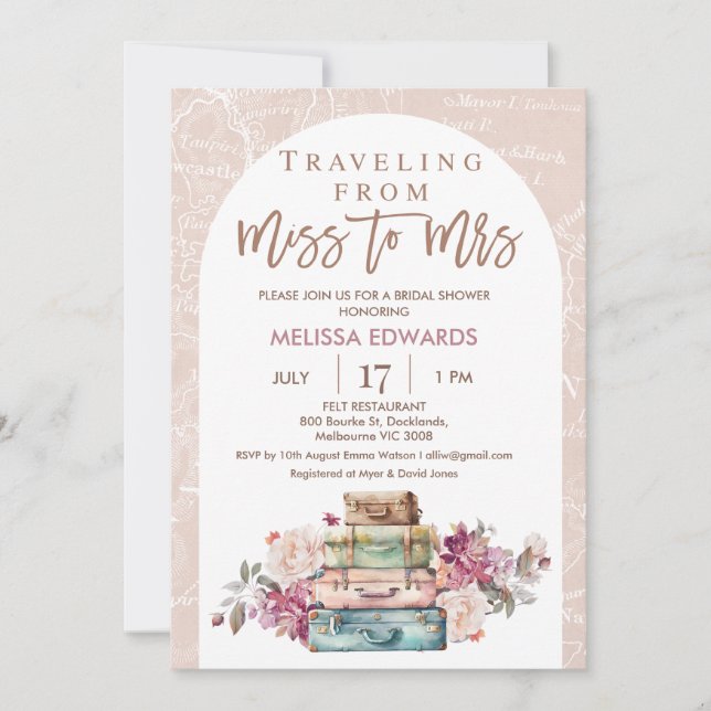 Arch Boho Traveling Miss to Mrs Bridal Shower Invitation (Front)