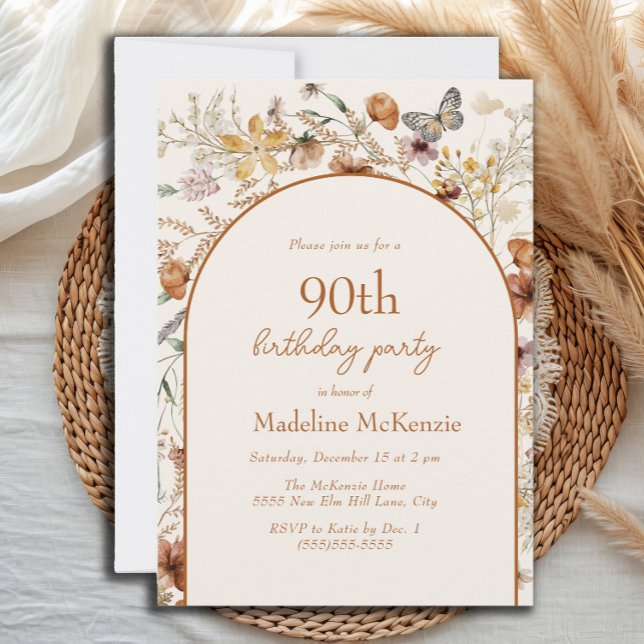 Arch Boho Wildflowers 90th Birthday Invitation (Boho floral and butterfly 90th birthday invitation)