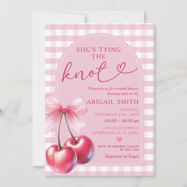 Arch Bow She's Tying The know Cherry Bridal Shower Invitation (Front)