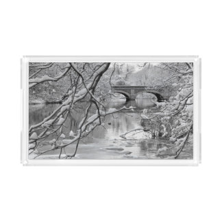 Arch Bridge over Frozen River in Winter Acrylic Tray