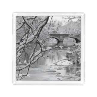 Arch Bridge over Frozen River in Winter Acrylic Tray