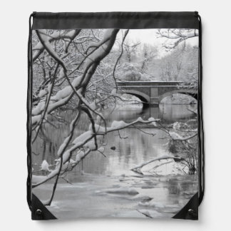 Arch Bridge over Frozen River in Winter Drawstring Bag